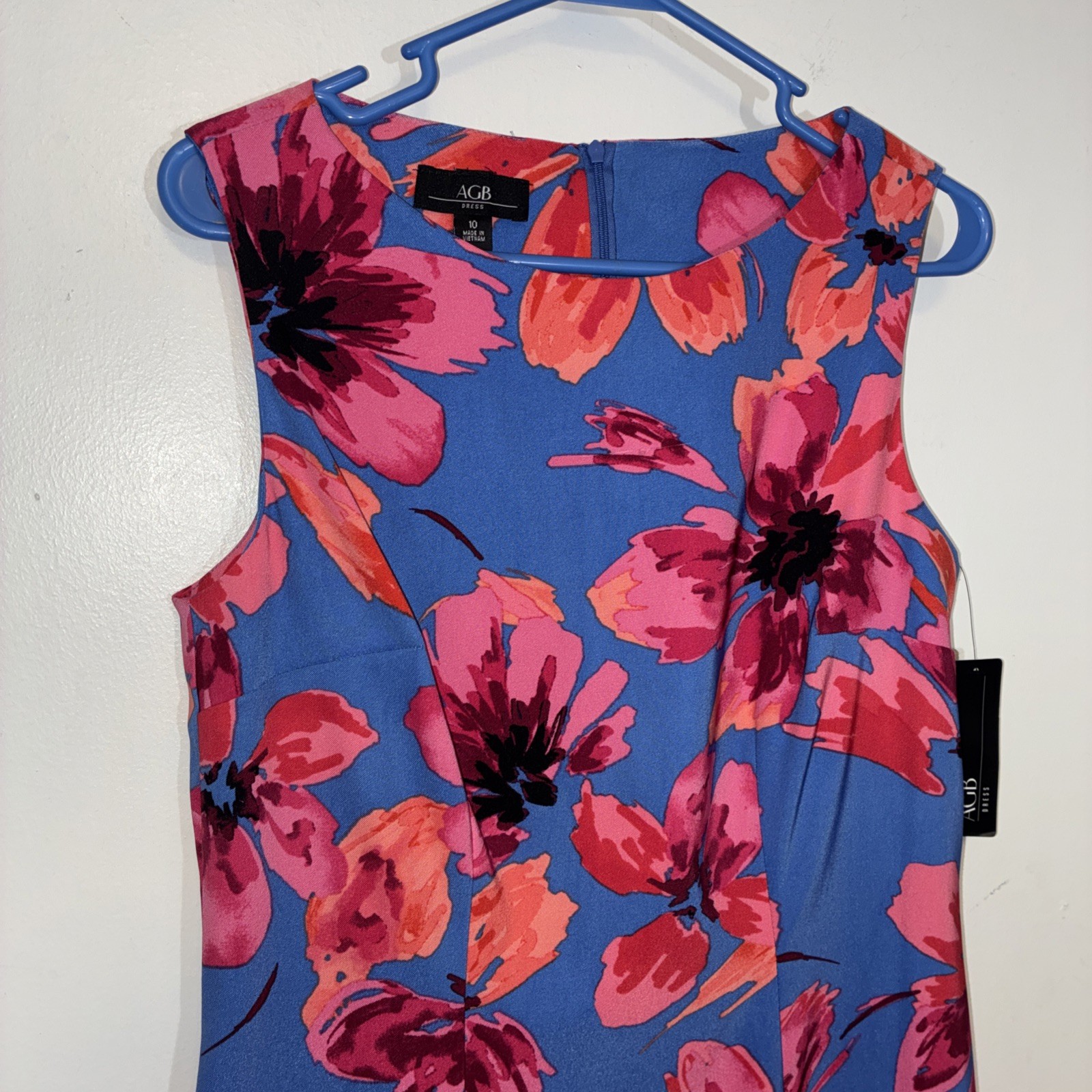 AGB Sheath Dress Women’s 10 Blue Pink Floral Sleeveless Tropical Zipper NWT