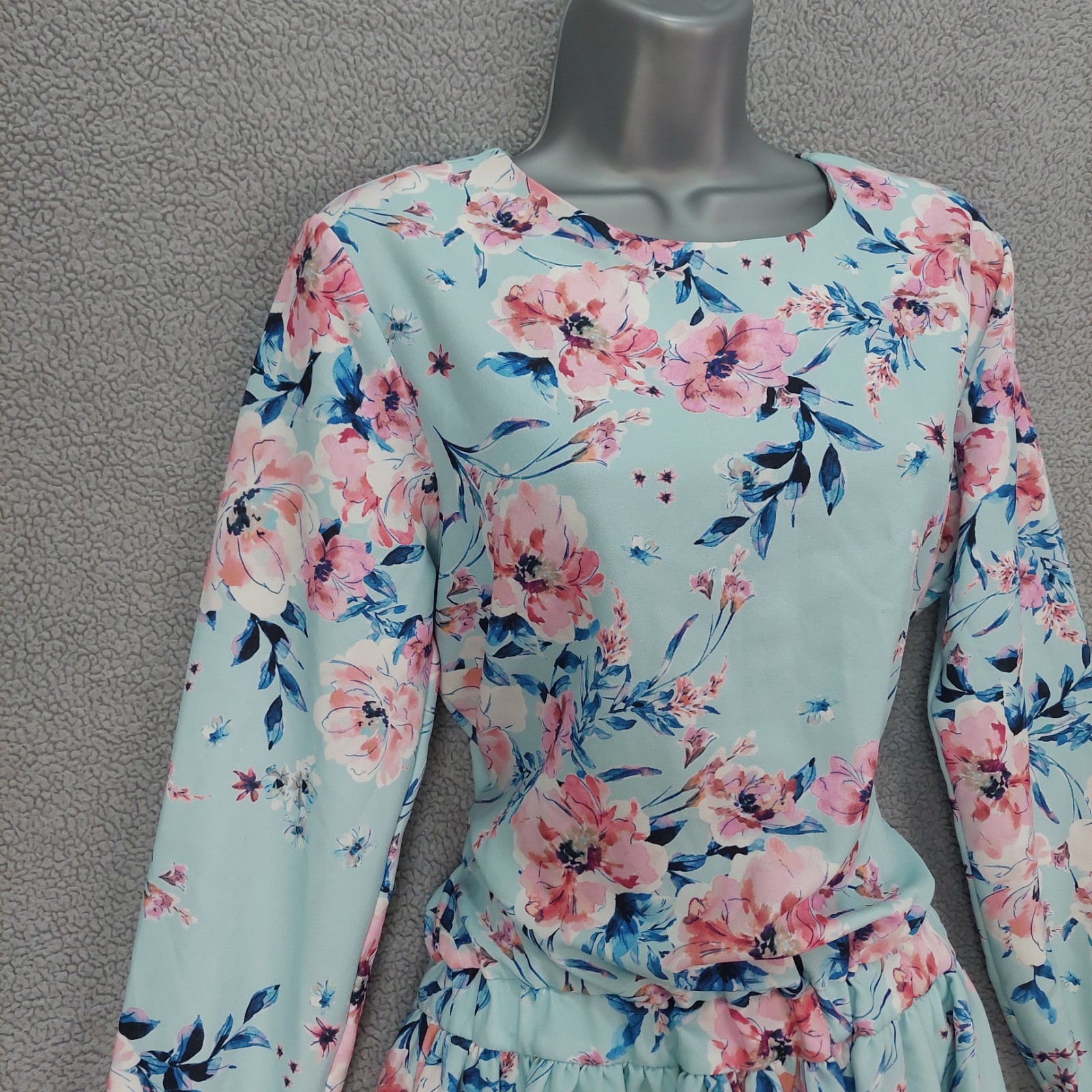 Ladies UK 10 Pale Blue Pink Floral Tiered Peplum Mini Dress Summer Boho light