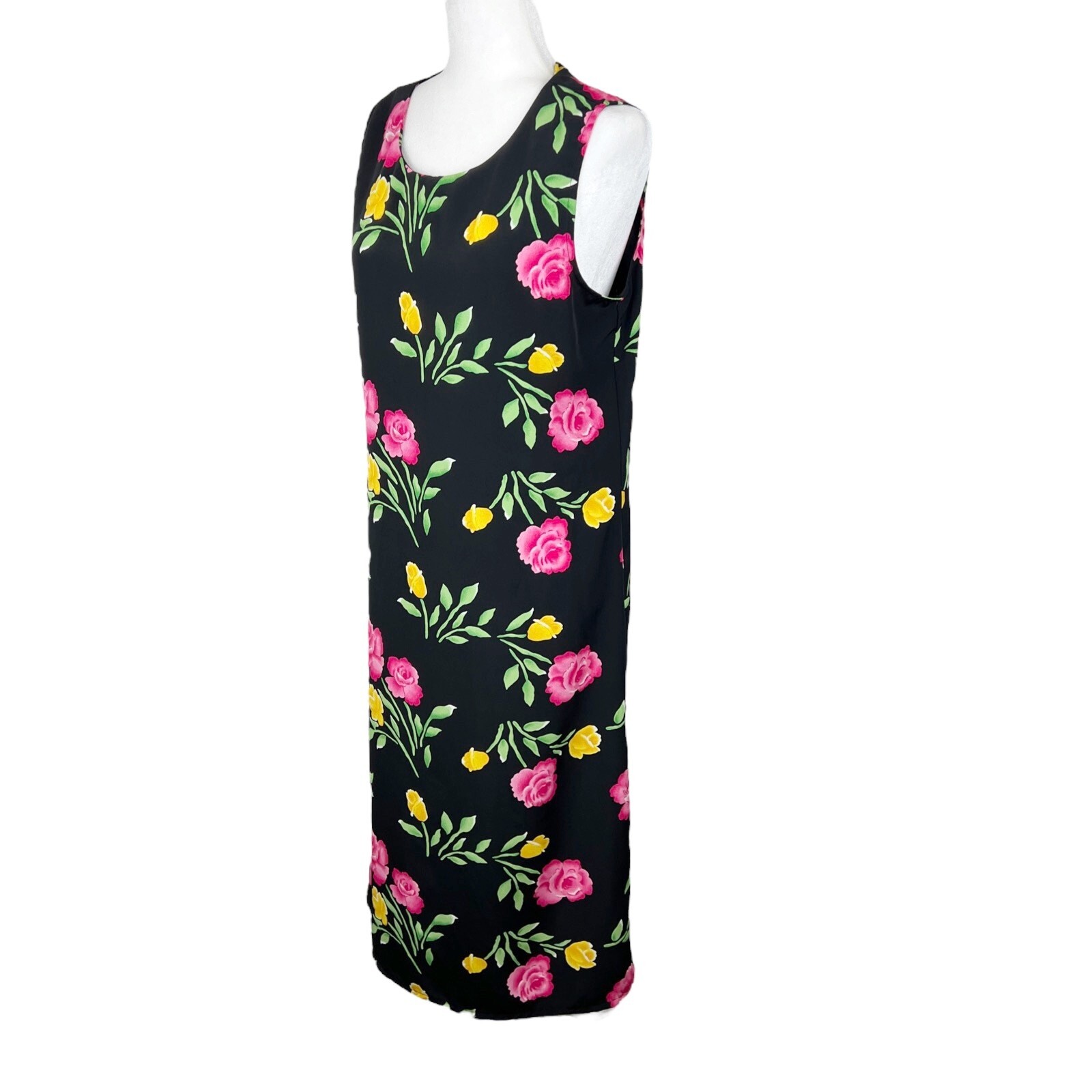 Vintage Kathie Lee Collection Dress Women 12 Black Pink Flora Sheath A-Line Maxi