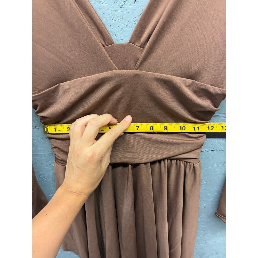 Micas Mini Dress Women’s Large Long Sleeve V-Neck Brown Ruched Waist Fit Flare