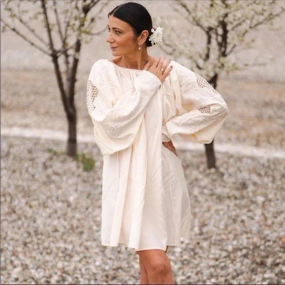 H&m Blogger Summer Voluminous Cream Dress Embroidered Low Back Size XL