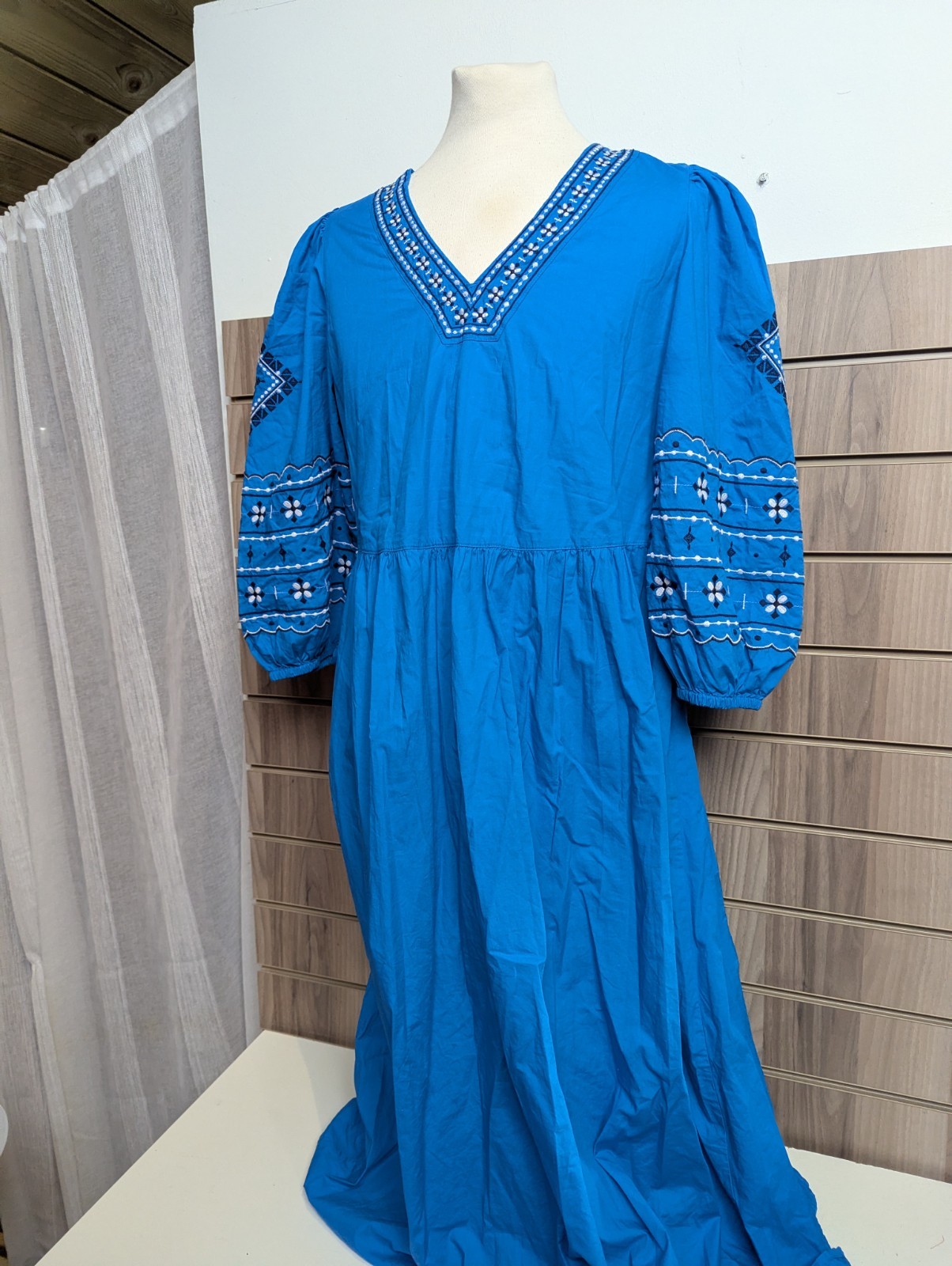 M & S Smock Festival Dress Ladies Puff Arms Embroided 100% Cotton Summer UK 14