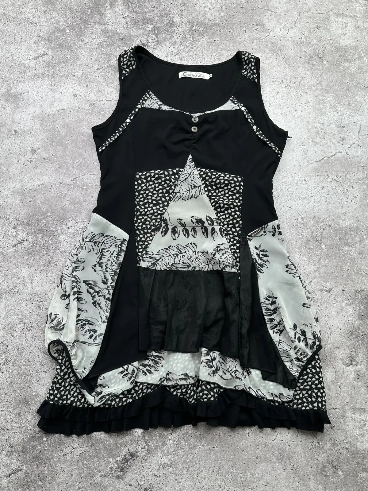 Y2K Patchwork Sleeveless Dress Asymmetrical Ruffle Hem Boho Top Women’s Size M