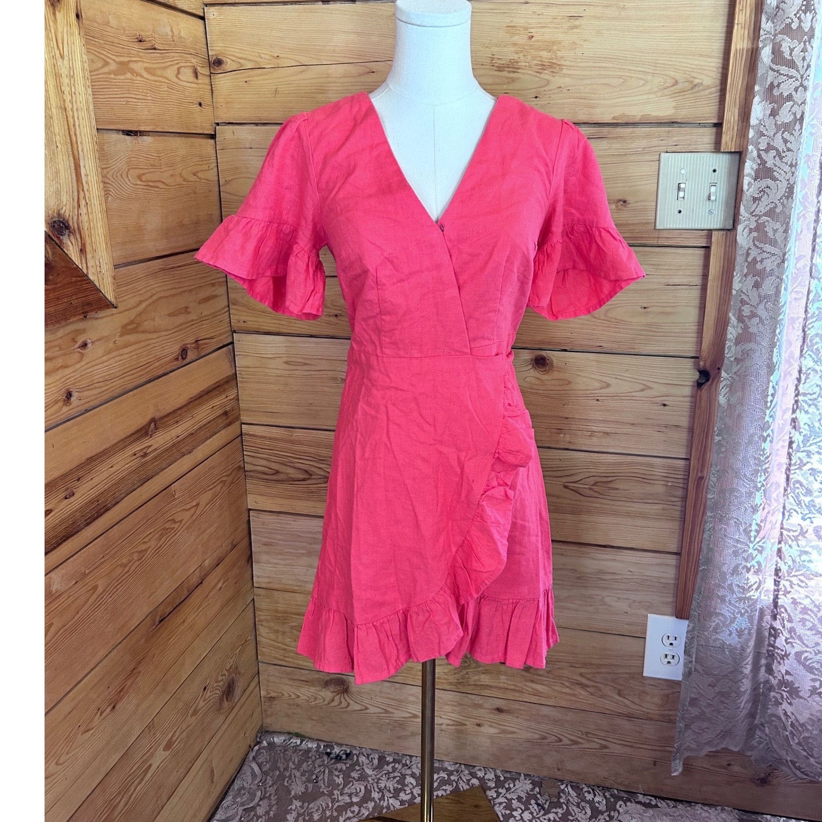 Linen Wrap Dress XS Pink Ruffle Flutter Sleeve Abercrombie & Fitch Resort Coral