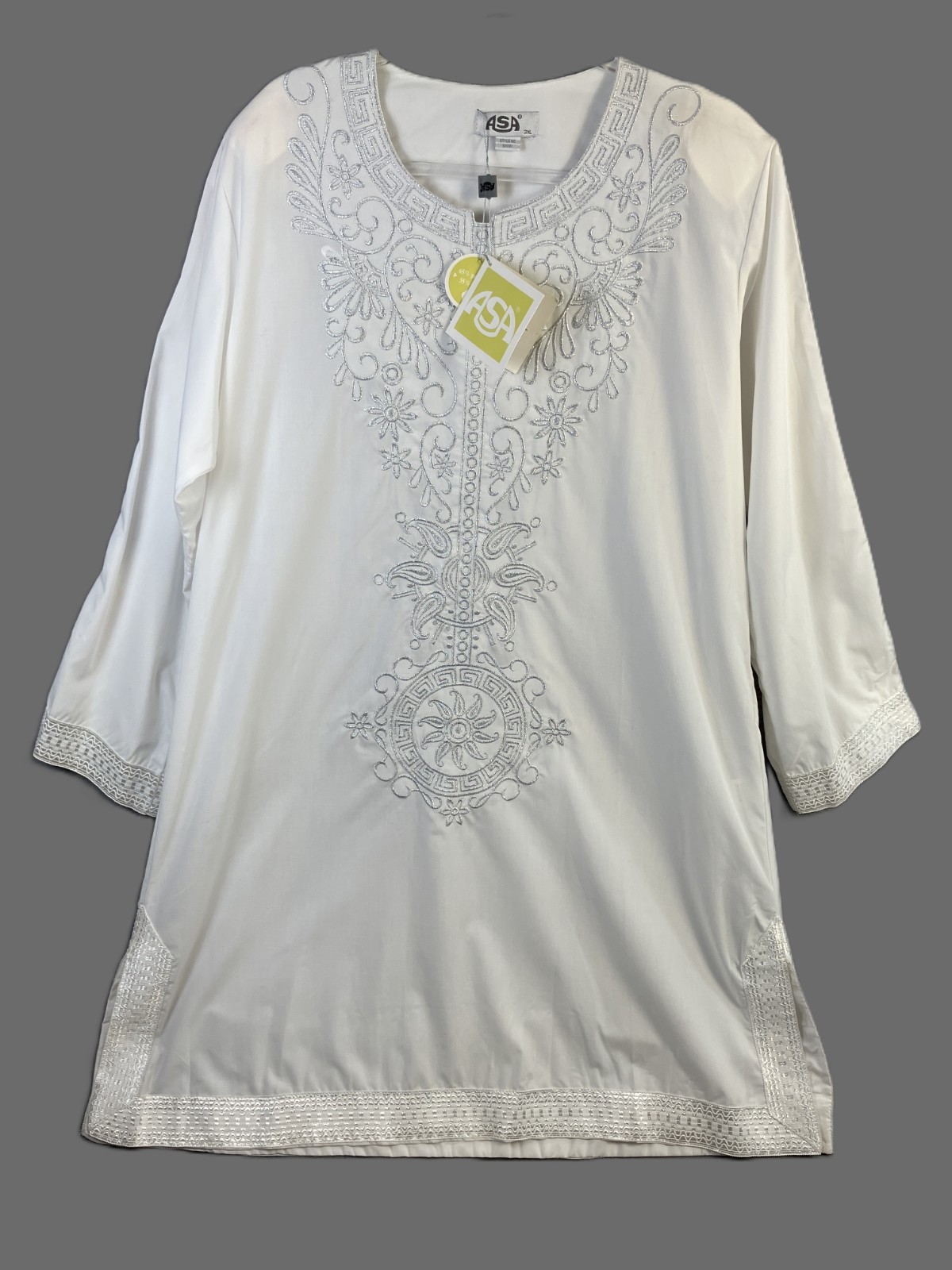 ASA Women’s White Embroidered Tunic Dress Kaftan Size 3XL White Silver Trim NWT