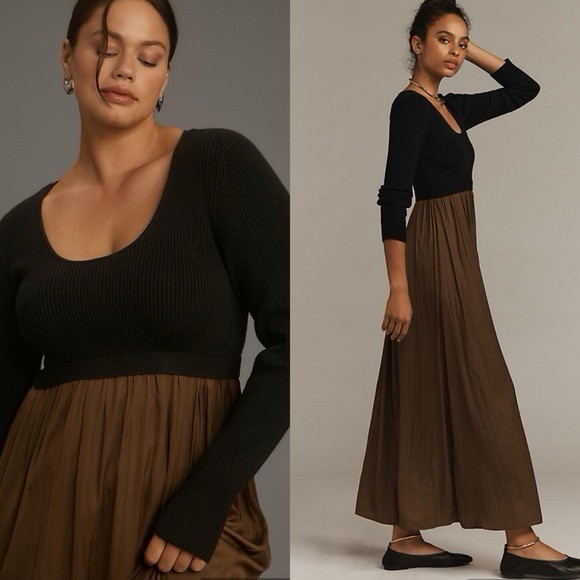 ANTHROPOLOGIE Thea Twofer Sweater Maxi Dress Scoop Neck Black UK 1XL RRP £148