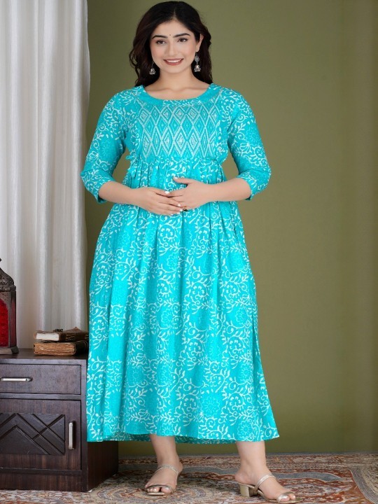 Handmade Floral Cotton Maternity Dress : Nursing Friendly Gown With Side Zipper