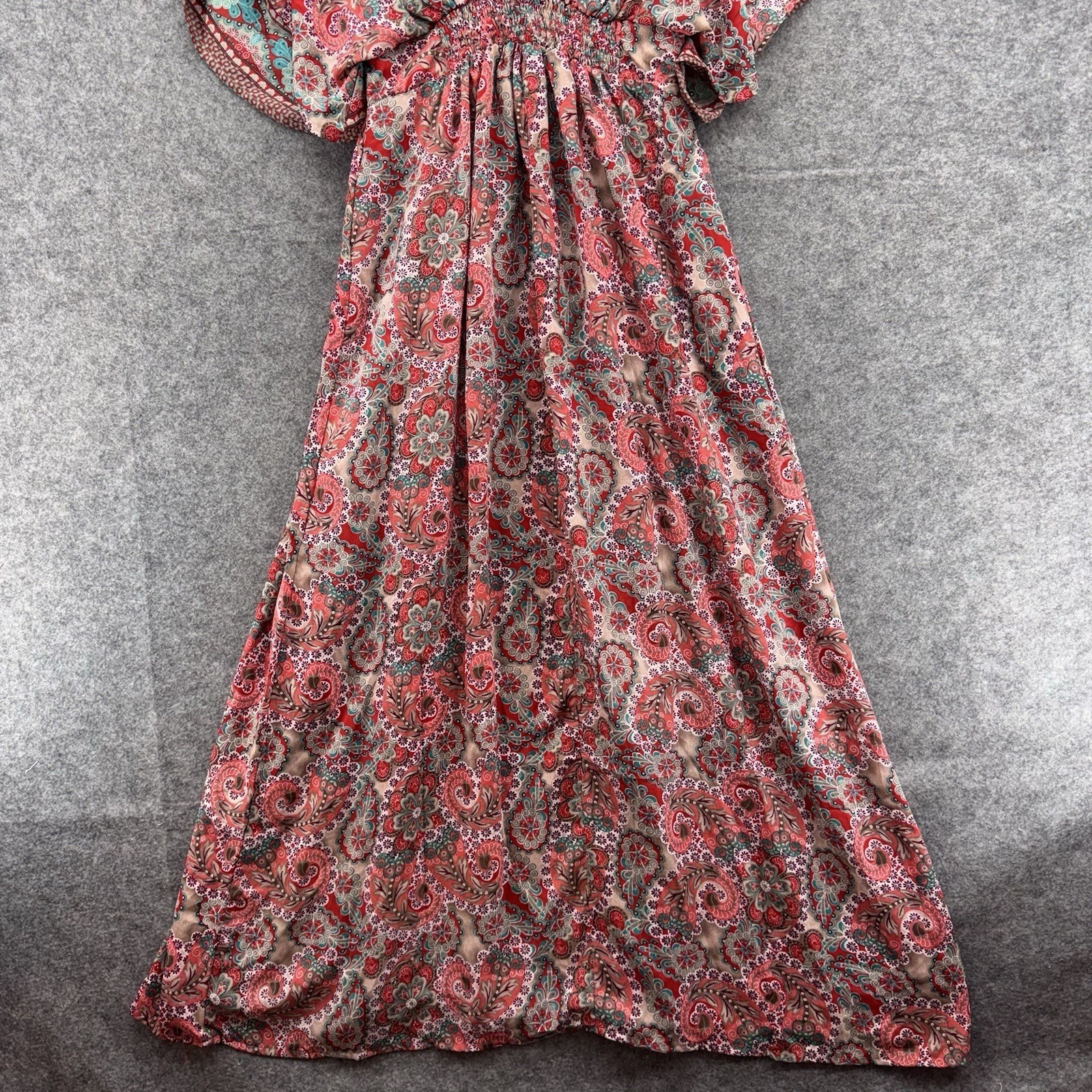 boemo Paisley Boho Maxi Dress Size M Red Pink Blue Kimono Sleeve V Neck Kaftan
