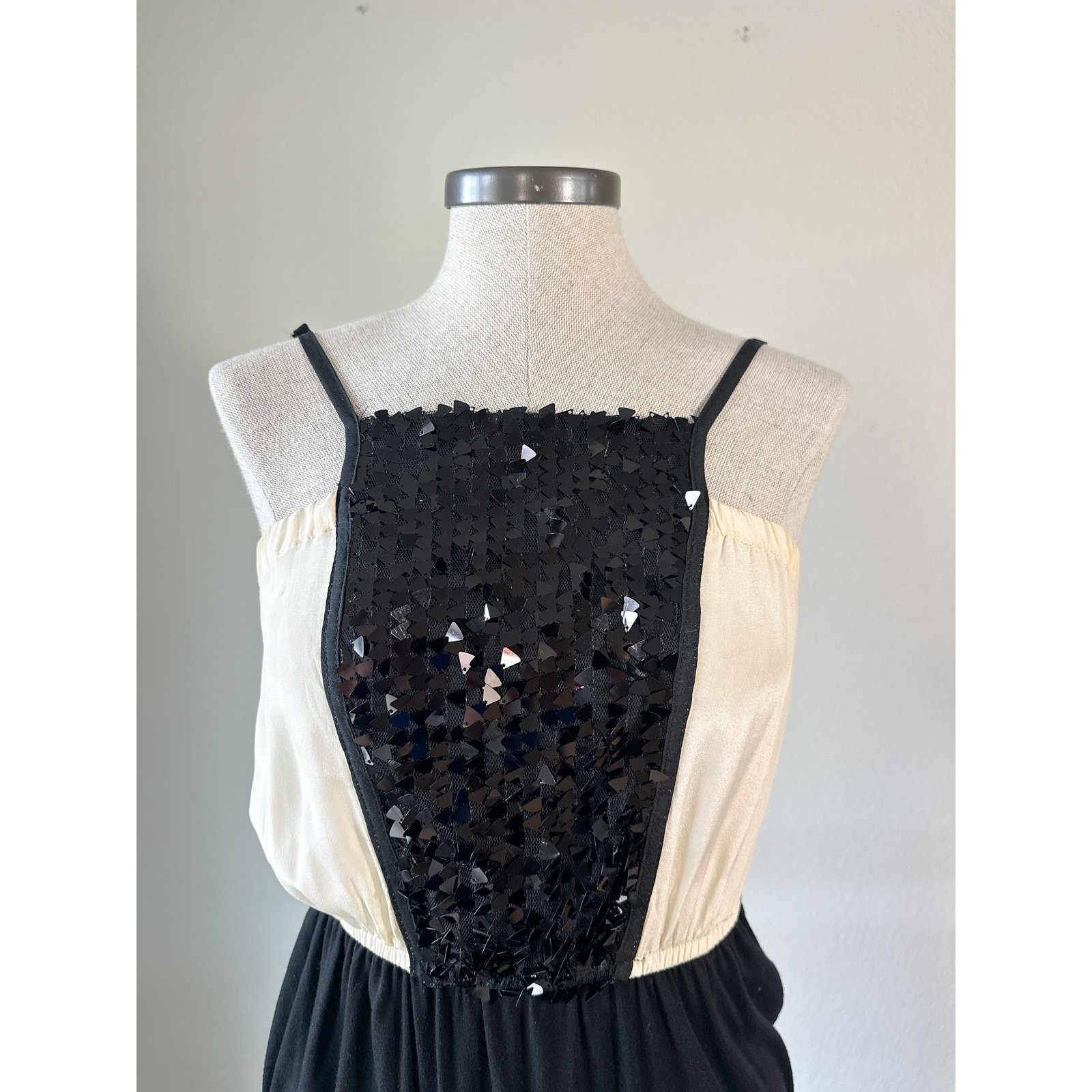 Gianni Bini Silk Sequin Colorblock Midi Dress Black Cream Y2K