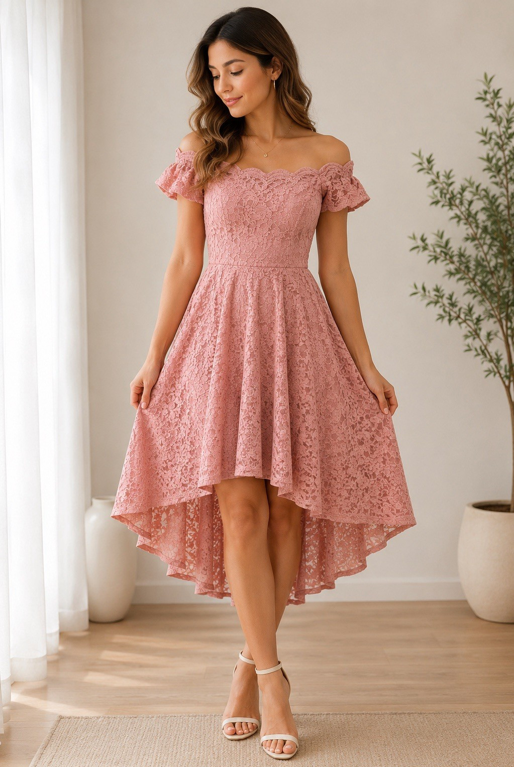 City Studio Pink Lace High Low Off Shoulder Dress Women’s Size 7