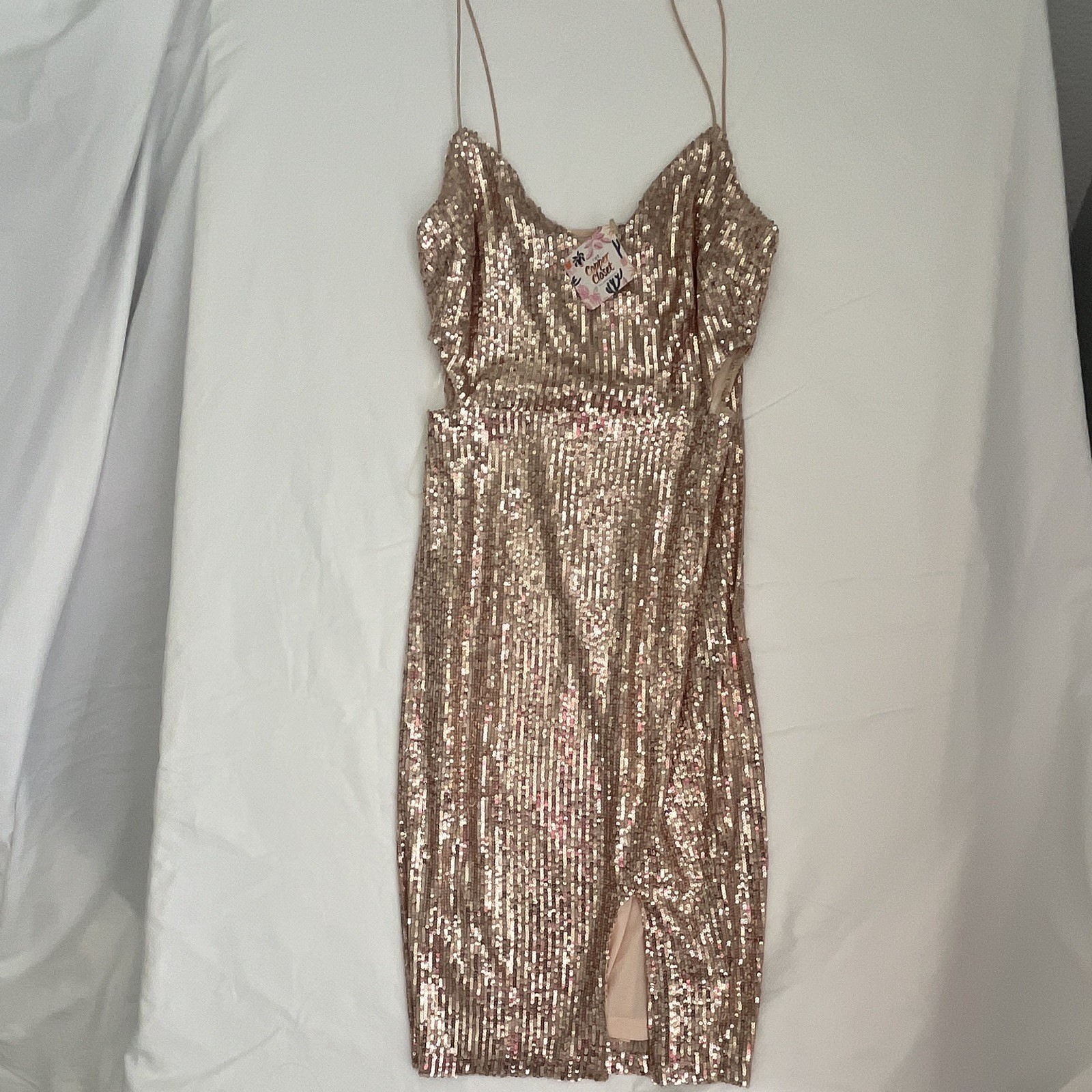 Steps NY Gold Sequin Slip Dress V-Neck Midi Sleeveless Zip Women Size Medium