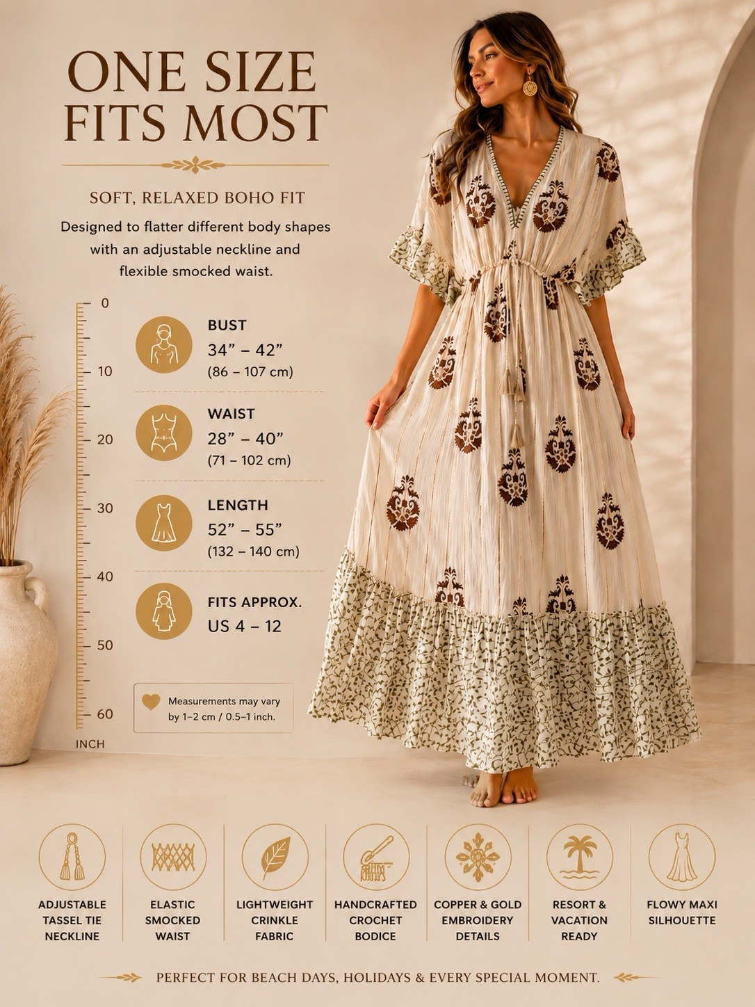 Boho Maxi Dress Women One Size Embroidered Tassel V-Neck Resort Vacation Beach