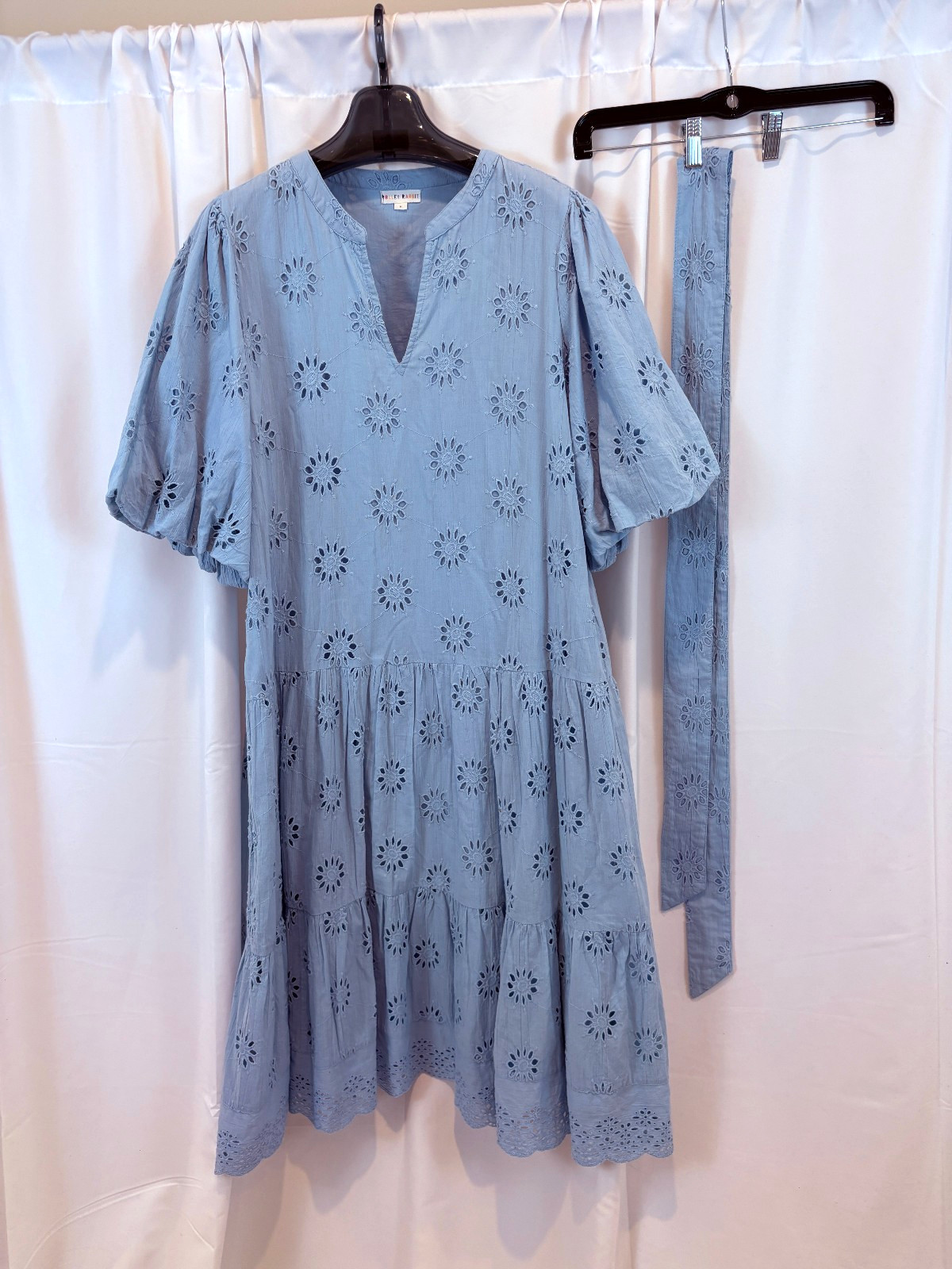 Roller Rabbit Med Light Blue Valonia Embroidered Eyelet Dress Puff Sleeves Tie