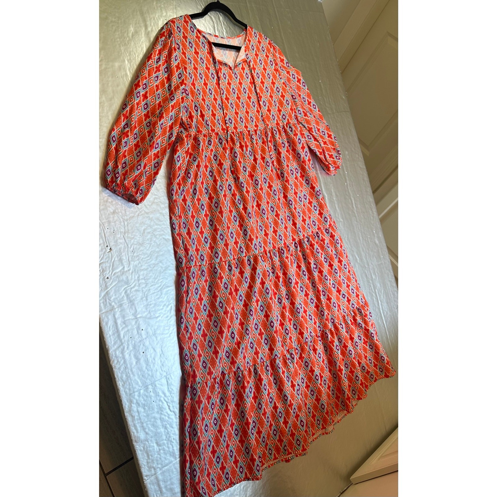Women’s Boho Midi Dress XXL Orange Geometric Tiered 3/4 Sleeve NWOT