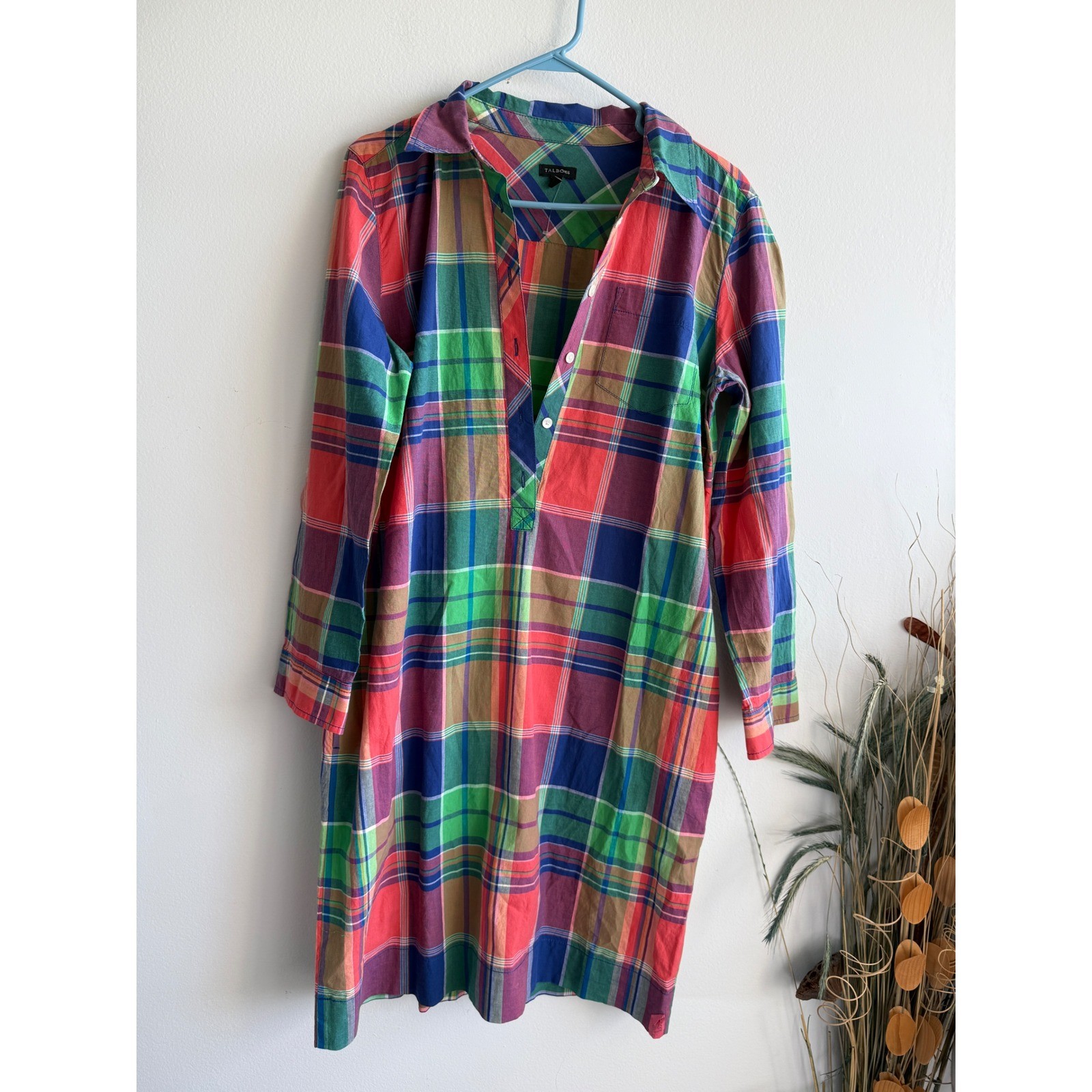 Talbots Womens Multi Color Plaid Madras Shirt Dress Size 14 Long Sleeve Cotton