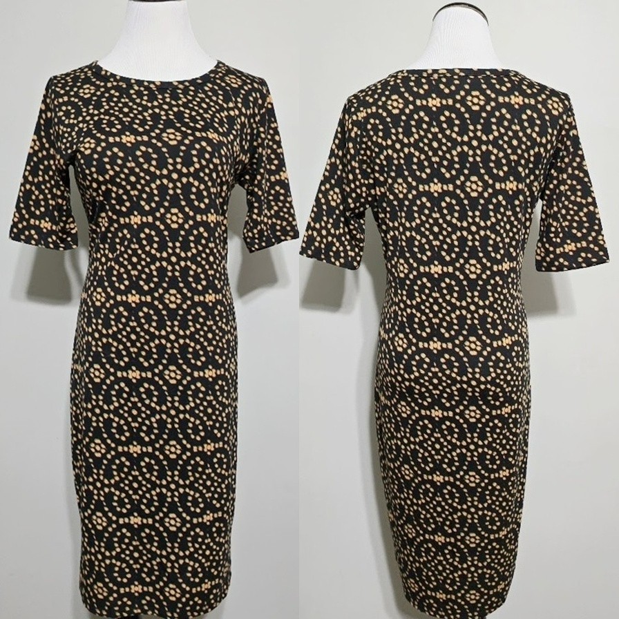 LuLaRoe Julia Dress Medium M Black Red Green Earthy Geometric Bodycon Midi