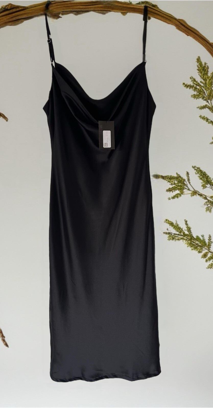 Beauty+Gace Size-M Women Dress Satin Cowl Neck Midi Slip Black