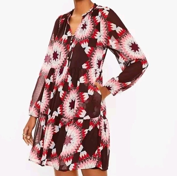 $89 LOFT Patchwork Tie Neck Pocket Dress Sz Medium Comfy Western No Iron Need It
