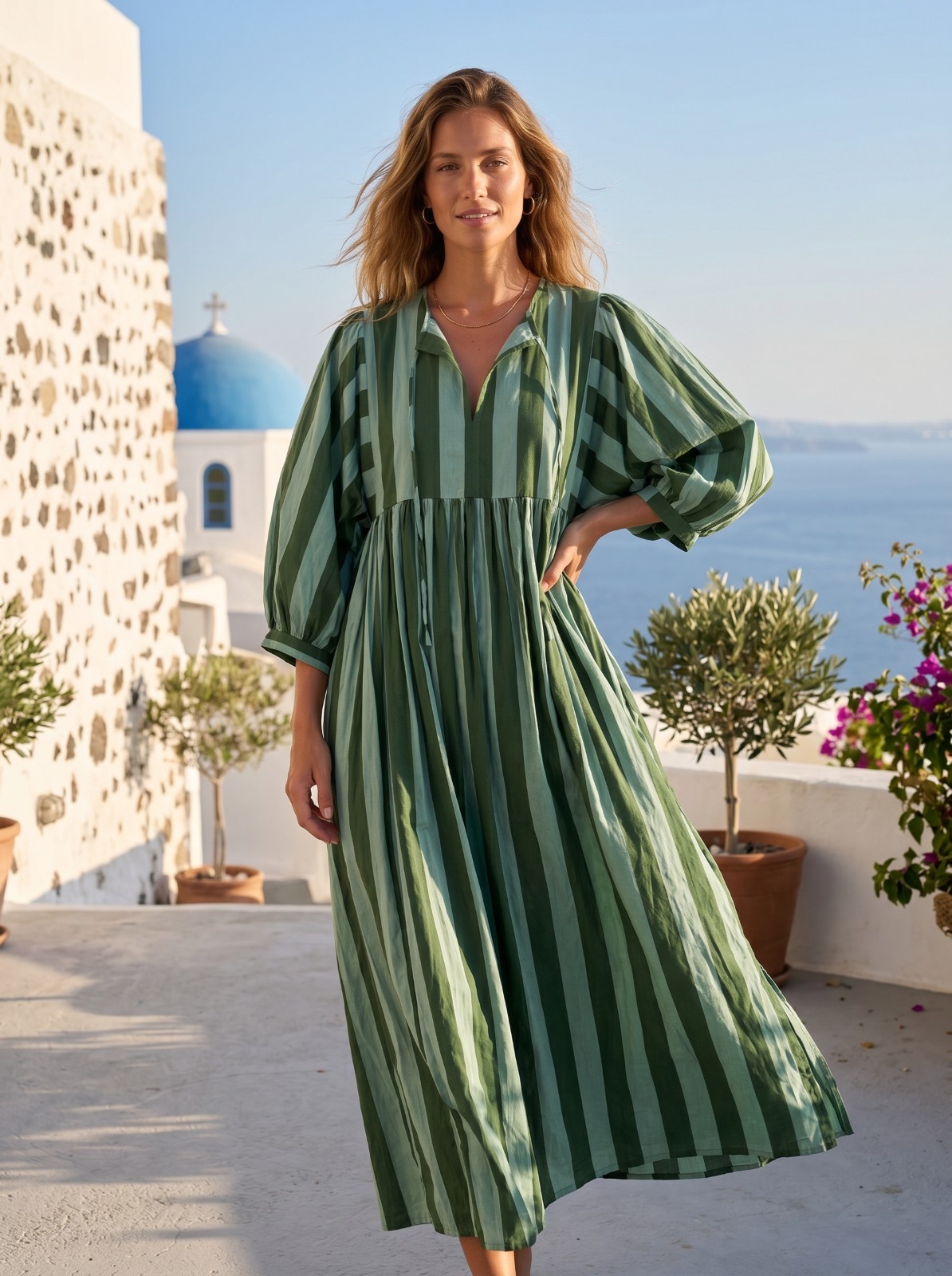 Green Striped Cotton Maxi Dress, Boho Balloon Sleeve, Loose Fit Resort Wear,