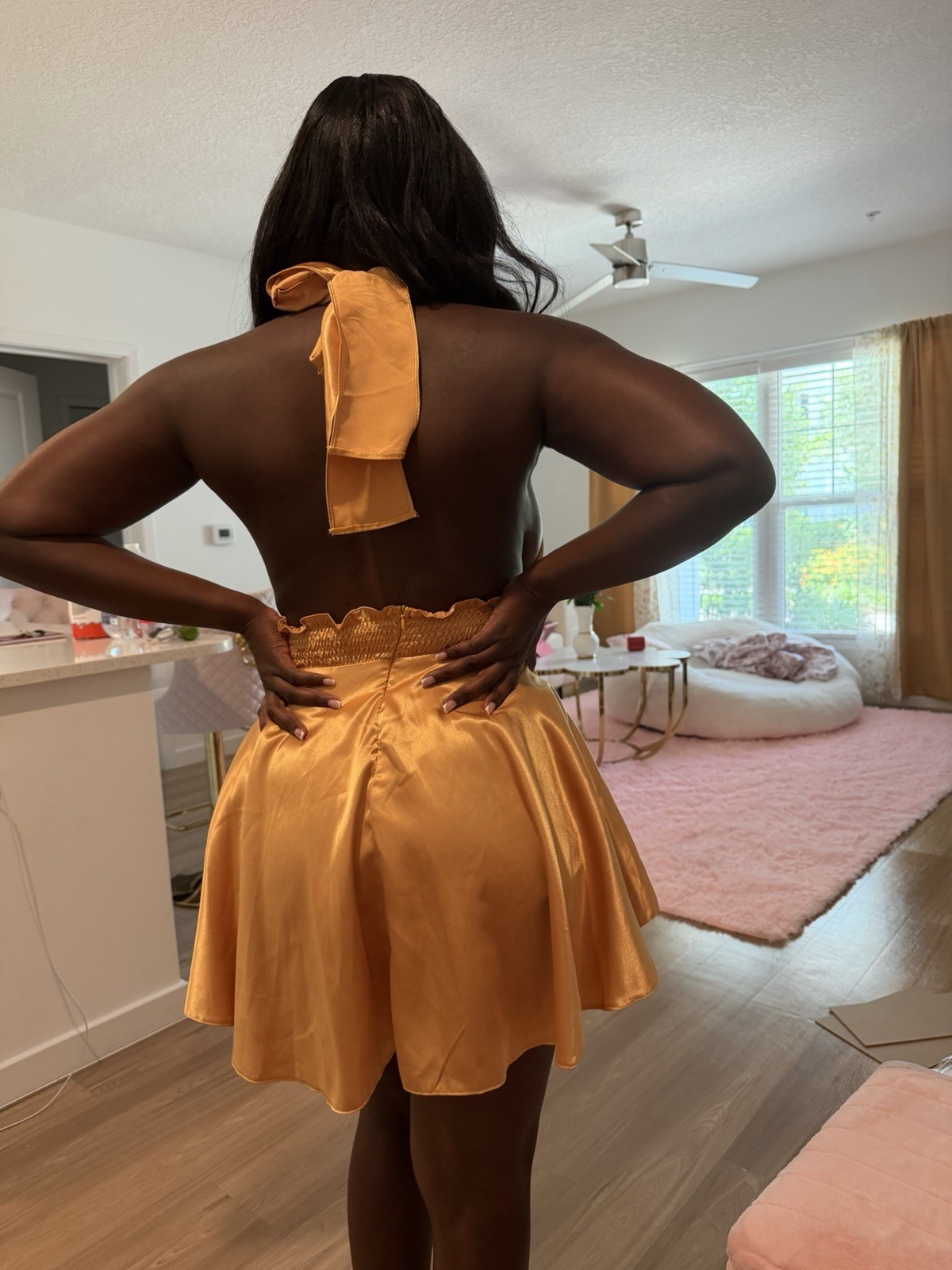 Gold Solid Satin A-Line Short Dress Halter Neck Sleeveless Backless Tie Size M/L