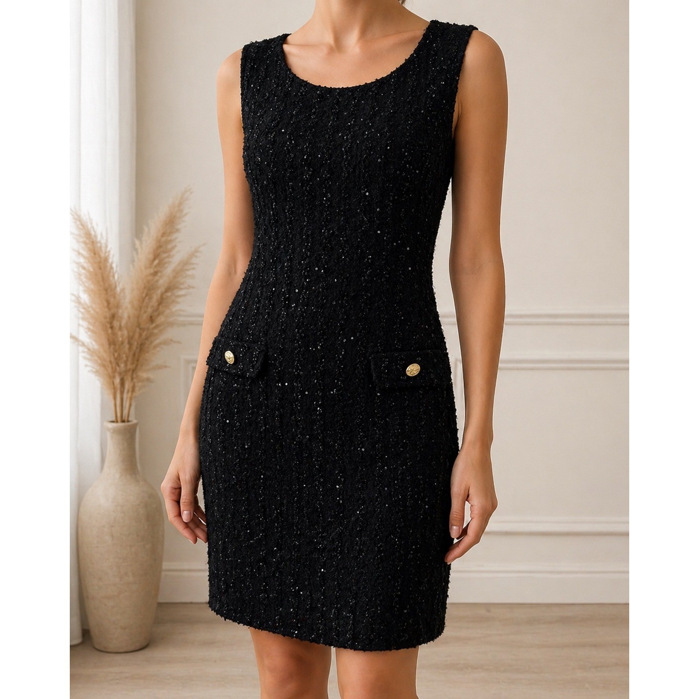 Isaac Mizrahi Tweed Sheath Dress Med Black NEW Sequin Gold Button Pocket NWT