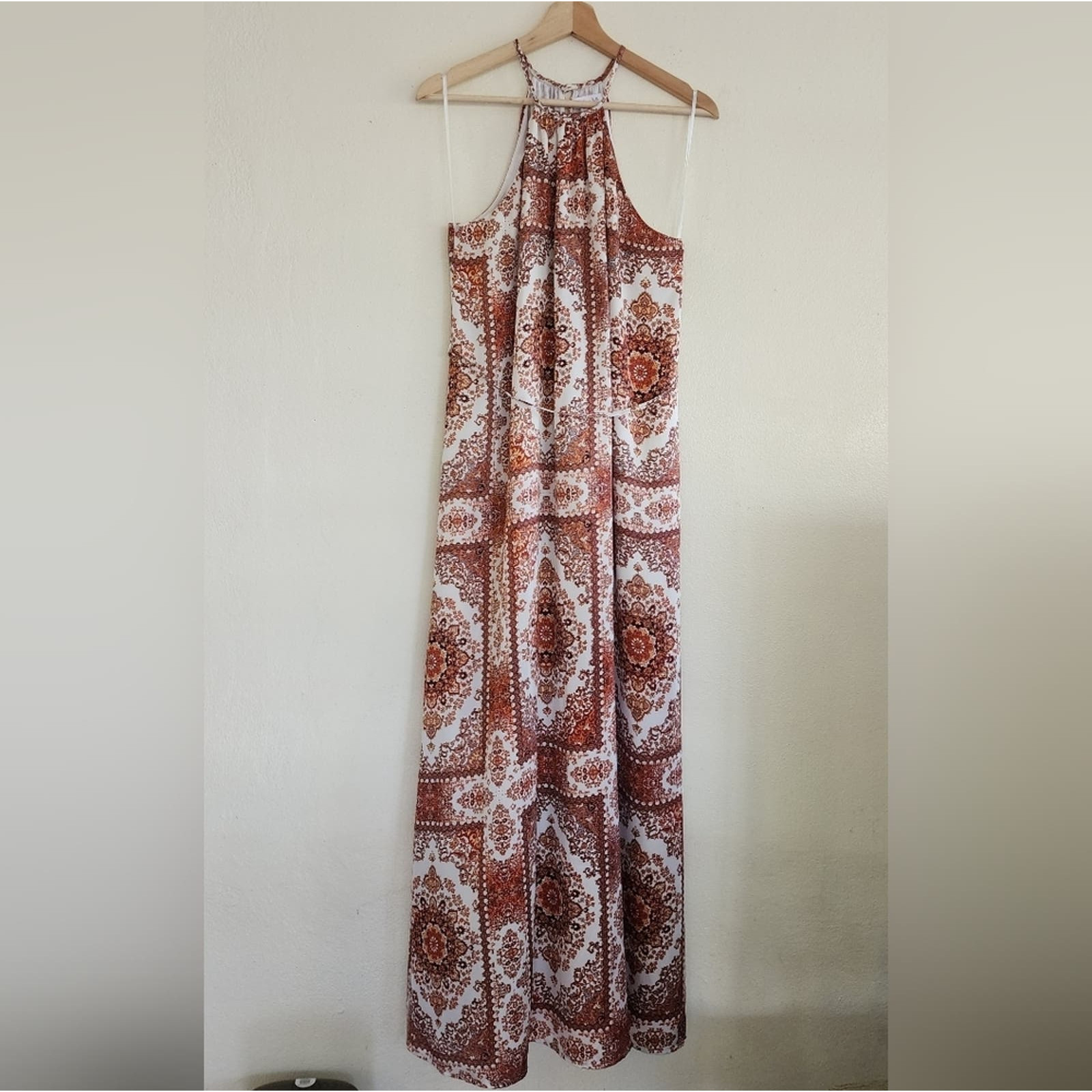 Honey Belle Bohemian Silk Baroque Paisley Brown Terracotta Maxi‎ Dress Small
