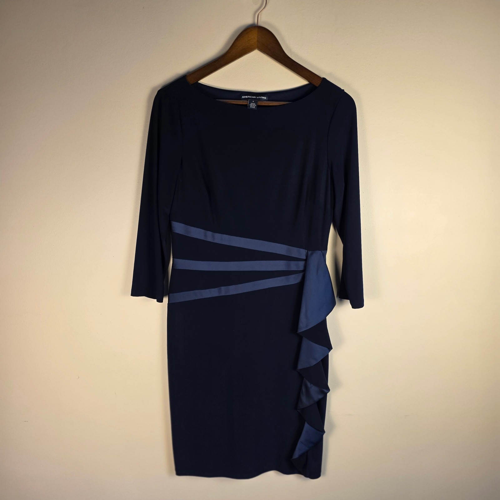 Vintage 90s Ralph Lauren American Living Sheath Dress Womens 8 Navy Ruffle Satin