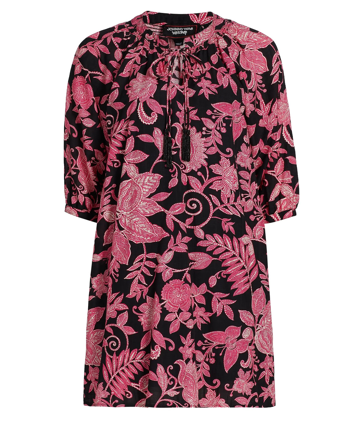 $248 JOHNNY WAS SZ L ALYCIA BEADED TASSEL DRESS LEAF PRINT w/ SLIP B:43″ L:39″