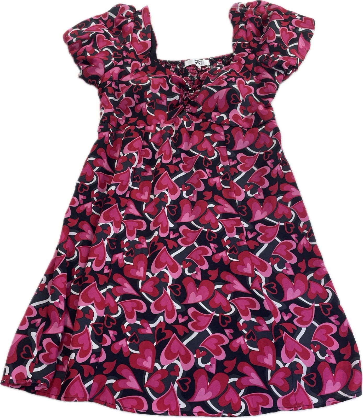 Womens Madden NYC Size LARGE Multi Color Heart Balloon Sleeve Dress.