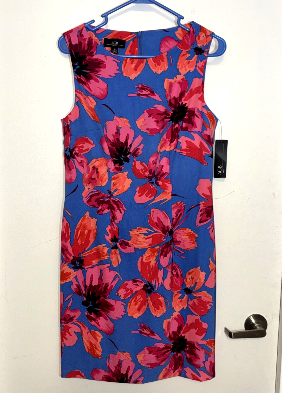 AGB Sheath Dress Women’s 10 Blue Pink Floral Sleeveless Tropical Zipper NWT