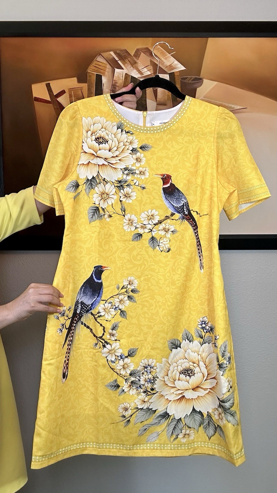 Women’s Yellow Shift Dress Floral & Bird Print Short Sleeve Round Neck M