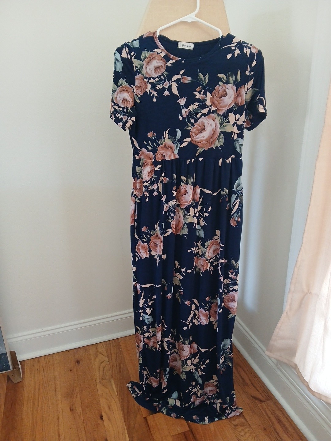 Maxi Floral High Waist Pleated Dress Comfort Stretch Pockets Short Sleeves Small