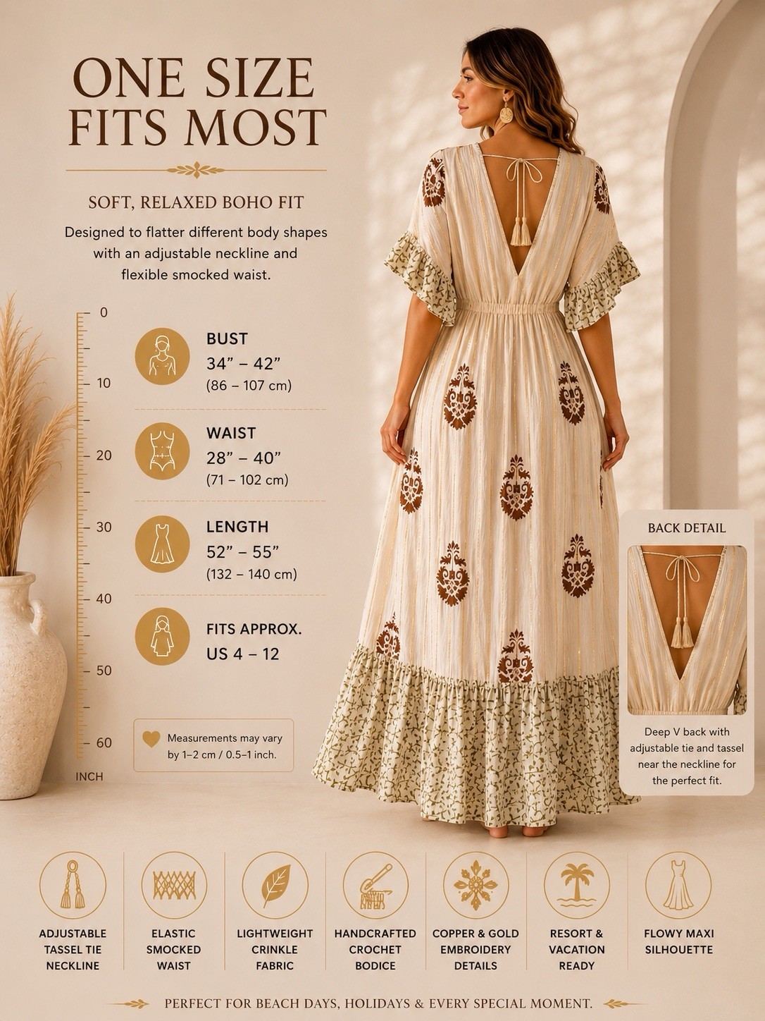 Boho Maxi Dress Women One Size Embroidered Tassel V-Neck Resort Vacation Beach