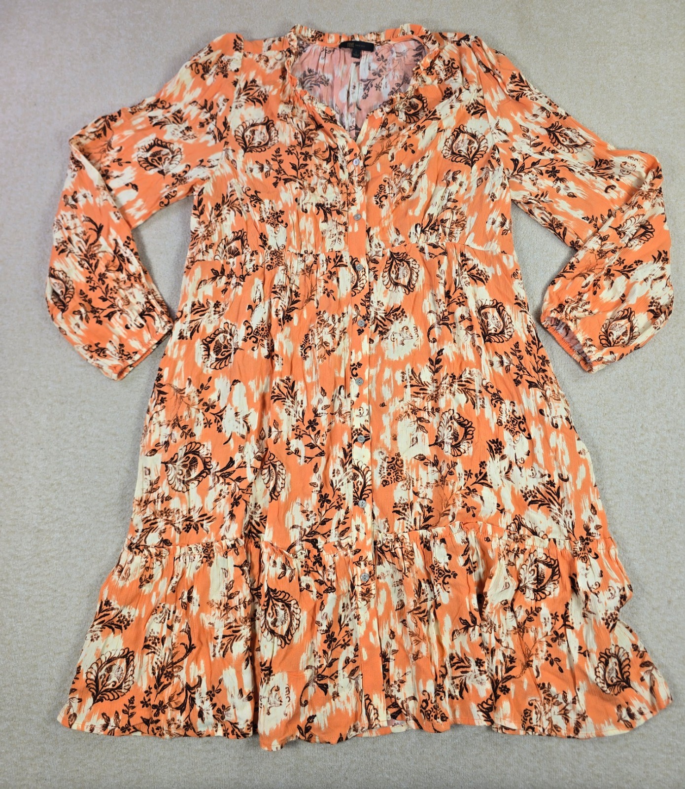 Frye Womens Large Orange Floral Button Front Long Sleeve Midi Dress Rayon
