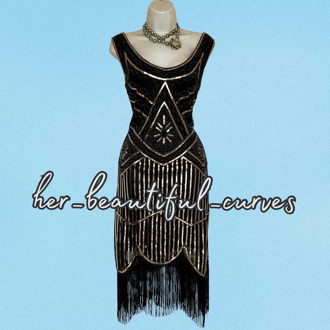 LADIES 20s GATSBY STYLE SEQUINED BEADED FRINGED PARTY DRESS SIZE XXL FITS 16