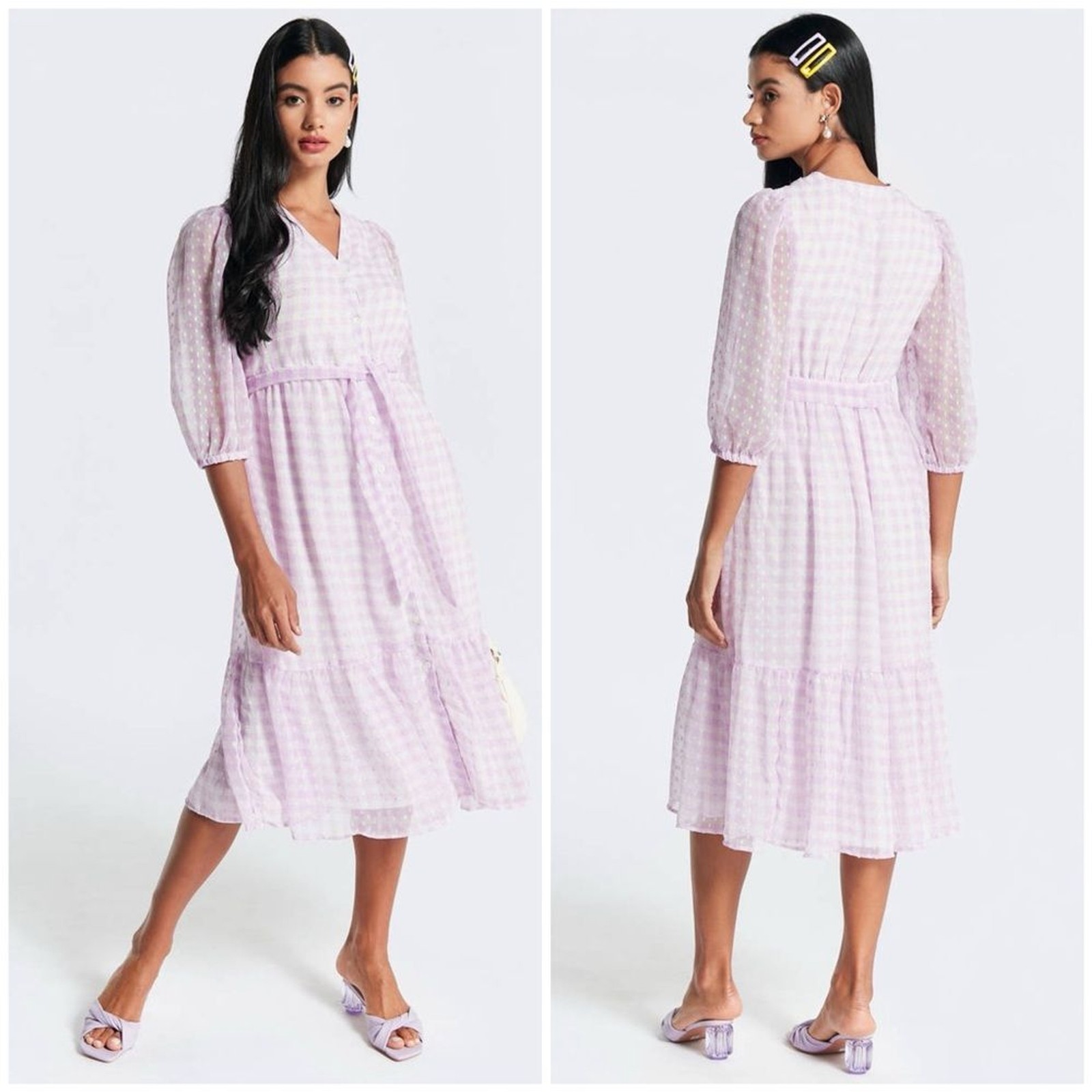 Lavender Gingham Coquette Midi Dress Balloon Sleeve Lined Button Front US 4