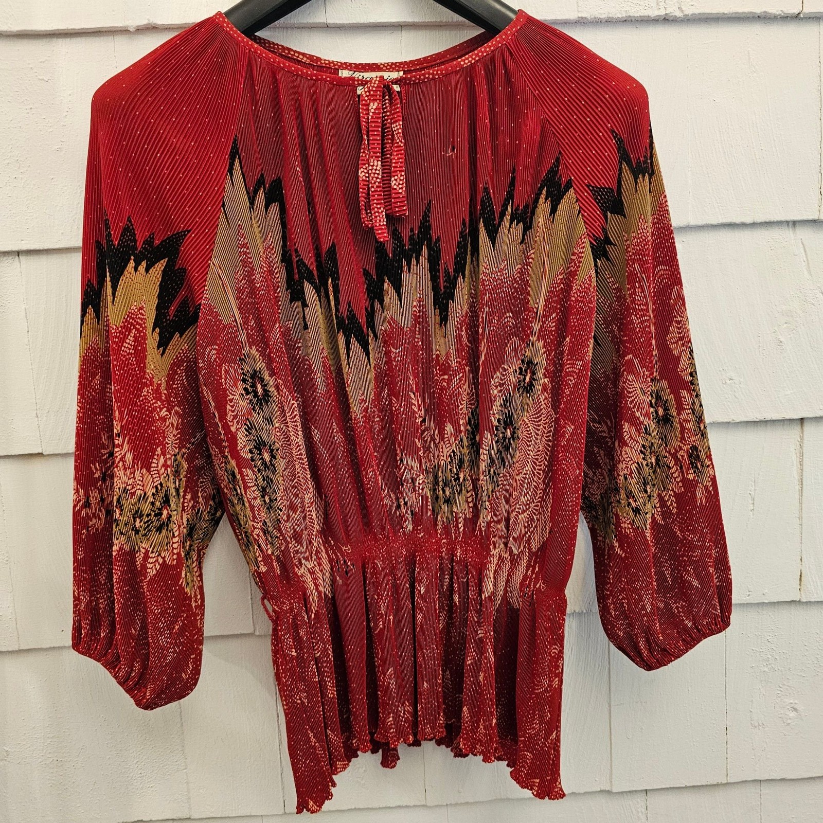 Vintage Virginie Paris Pleated 2 Piece Skirt Set Red Floral Long Sleeve Women’s