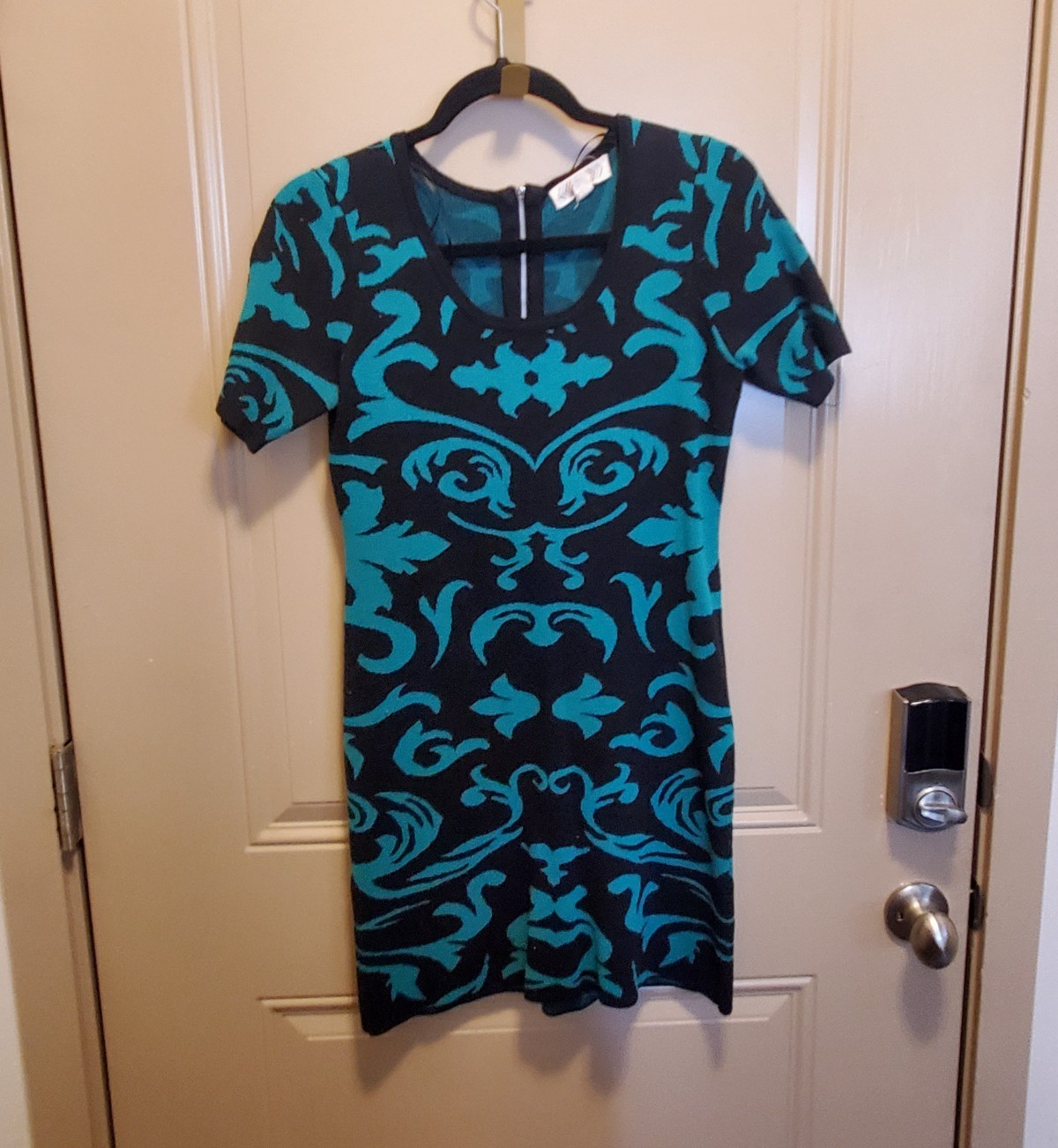 Pink Rose Women’s Abstract Knit Bodycon Dress Black/Teal Zip Front Size M