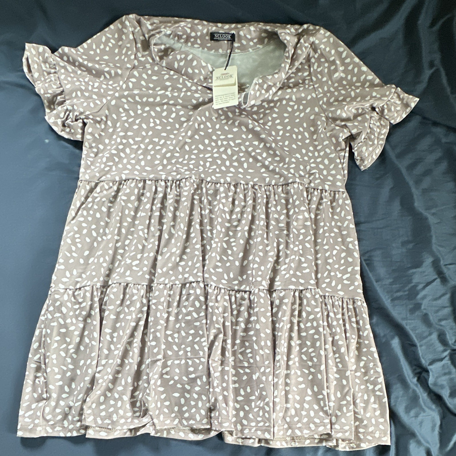 NCLOOK Women’s Brown/White Polka Dot V-Neck Tiered Ruffle Sleeve Dress S