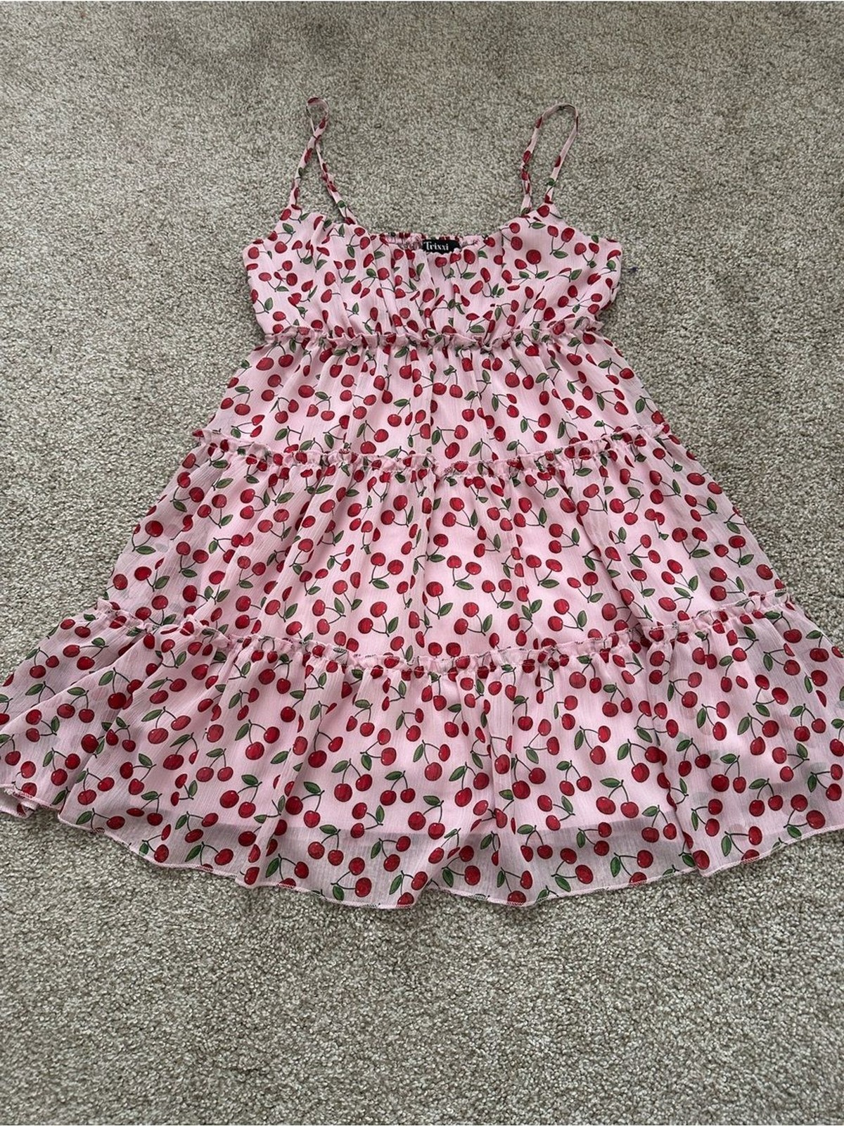 Trixxi Pink Cherry Print Tiered Babydoll Dress – Size M