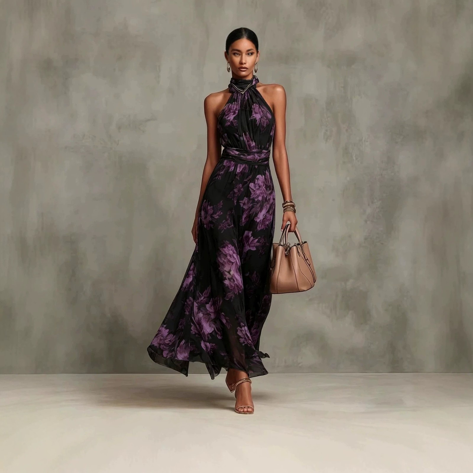 Women’s Floral Neck Long Dress Waist Straps Loose Chiffon Summer Dress