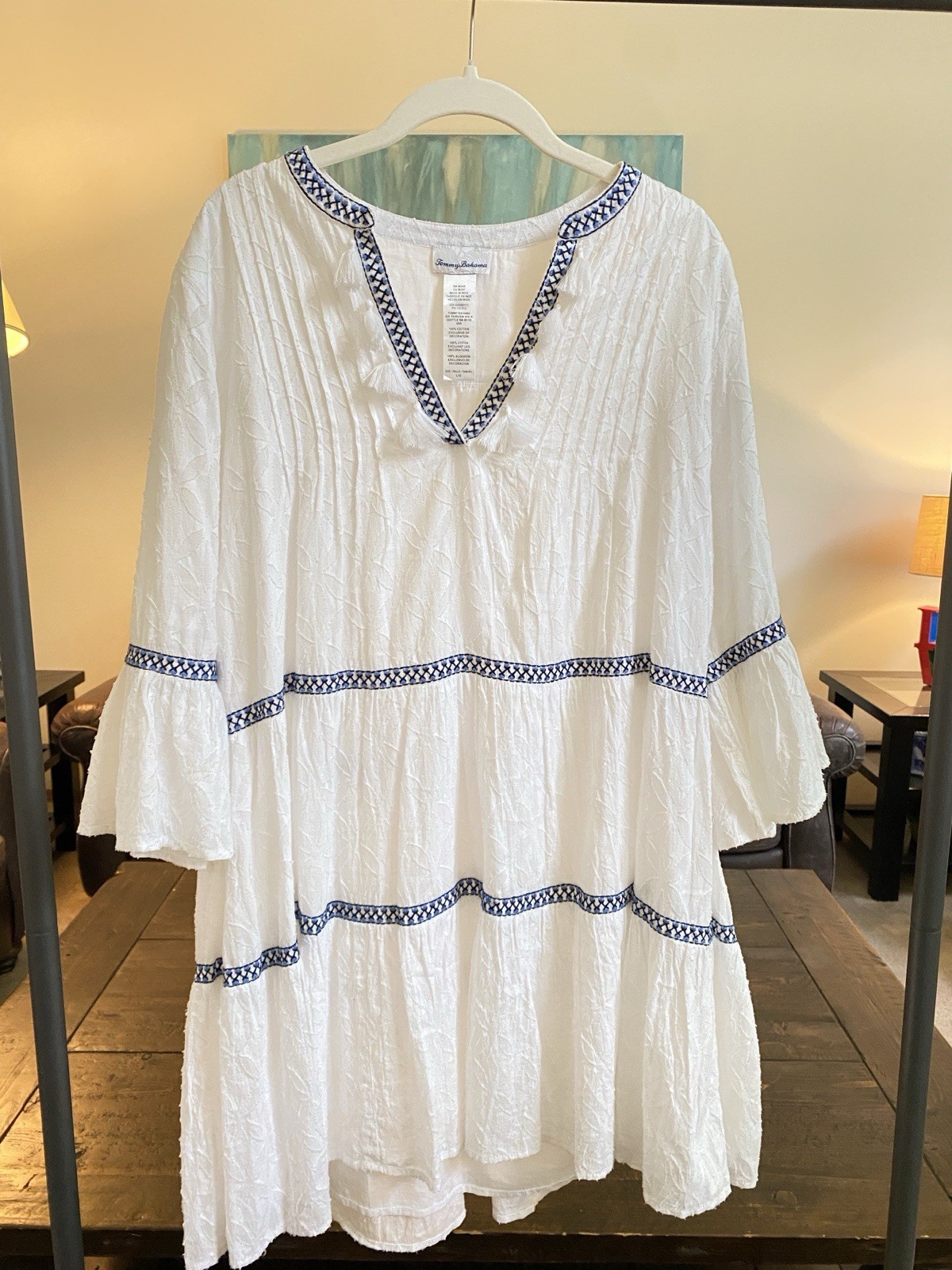 Tommy Bahama White Embroidered Tiered Cotton Dress Size Large