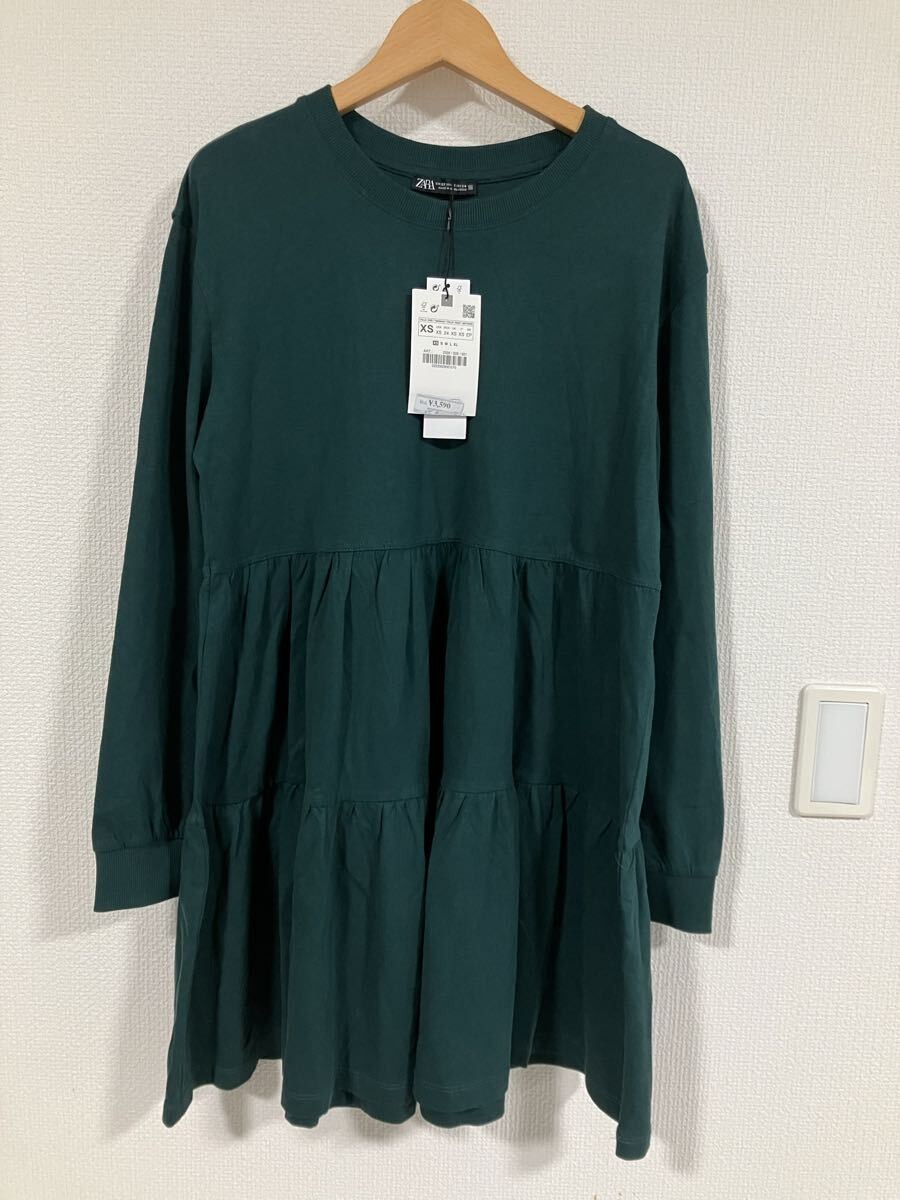 ZARA long tunic tiered dress long sleeve top crew neck green ladies M L