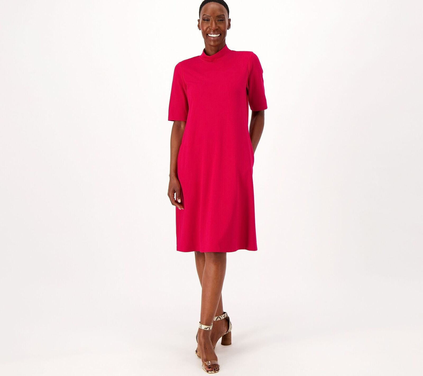 Susan Graver Every Day Supreme Knit Elbow Sleeve Mock Neck Dress Red M A554281