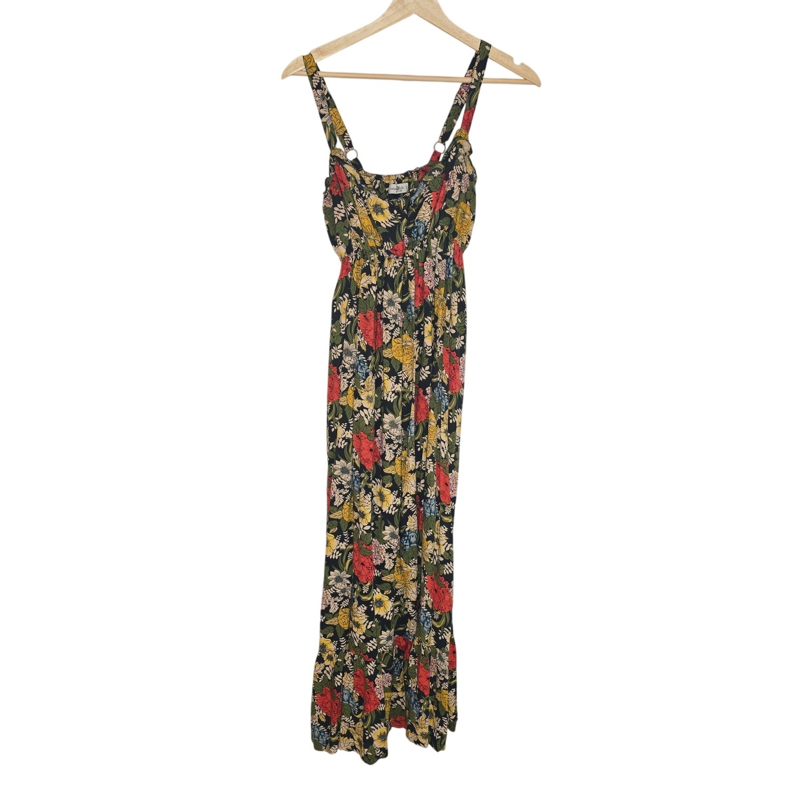 Natural Life Floral Maxi Dress Small Black Yellow Red Boho Rayon Sleeveless S