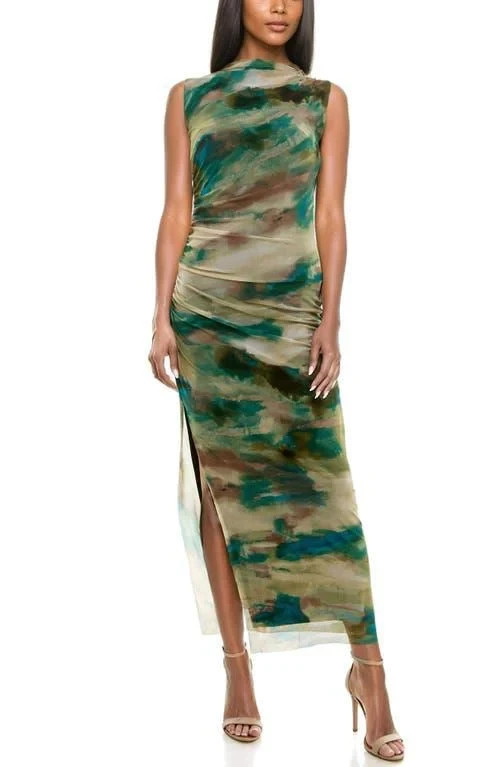Socialite Ruched Sleeveless Abstract Watercolor Mesh Dress in Olive/Teal Size M
