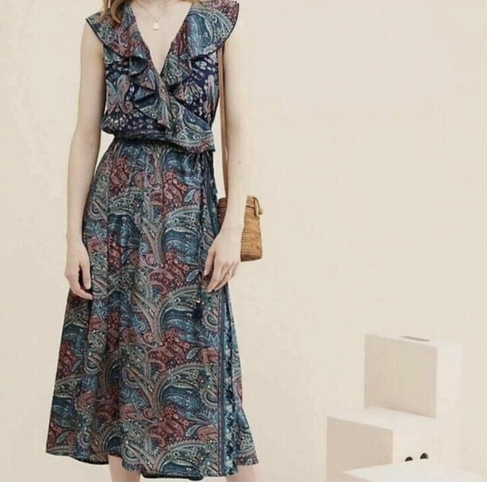 Anthropologie Raga Paisley Print Ruffle Wrap Maxi Dress Size Medium