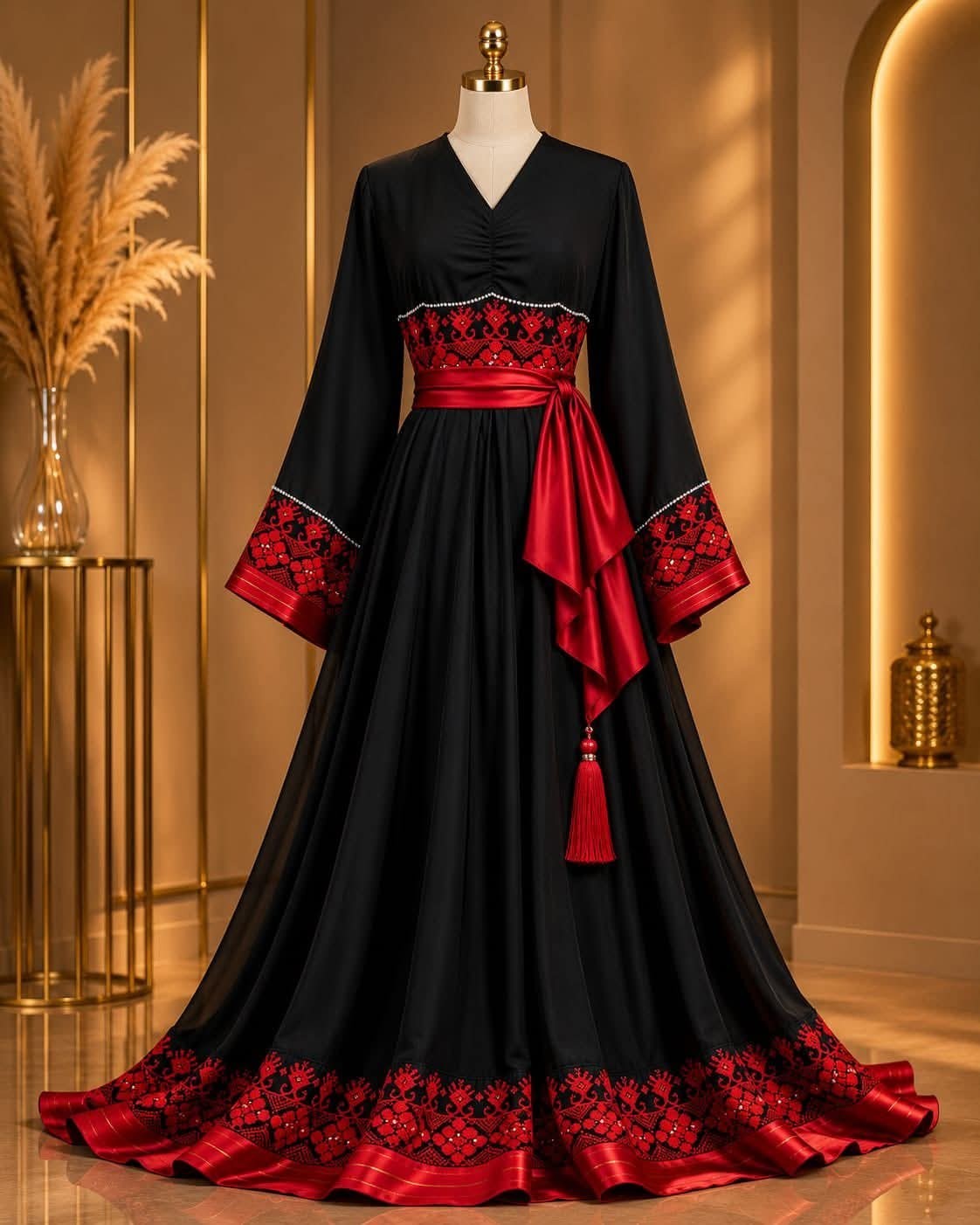 Women’s Embroidered Kaftan Abaya Maxi Dress 2-Piece Set Black Red Chiffon Ottoma