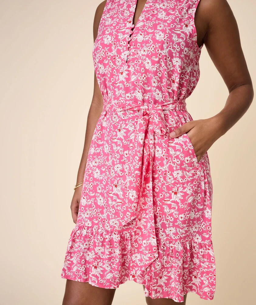 Untuckit Shift Dress M Lucy Sleevless Pink Floral Belted Pockets Ruffled Hem