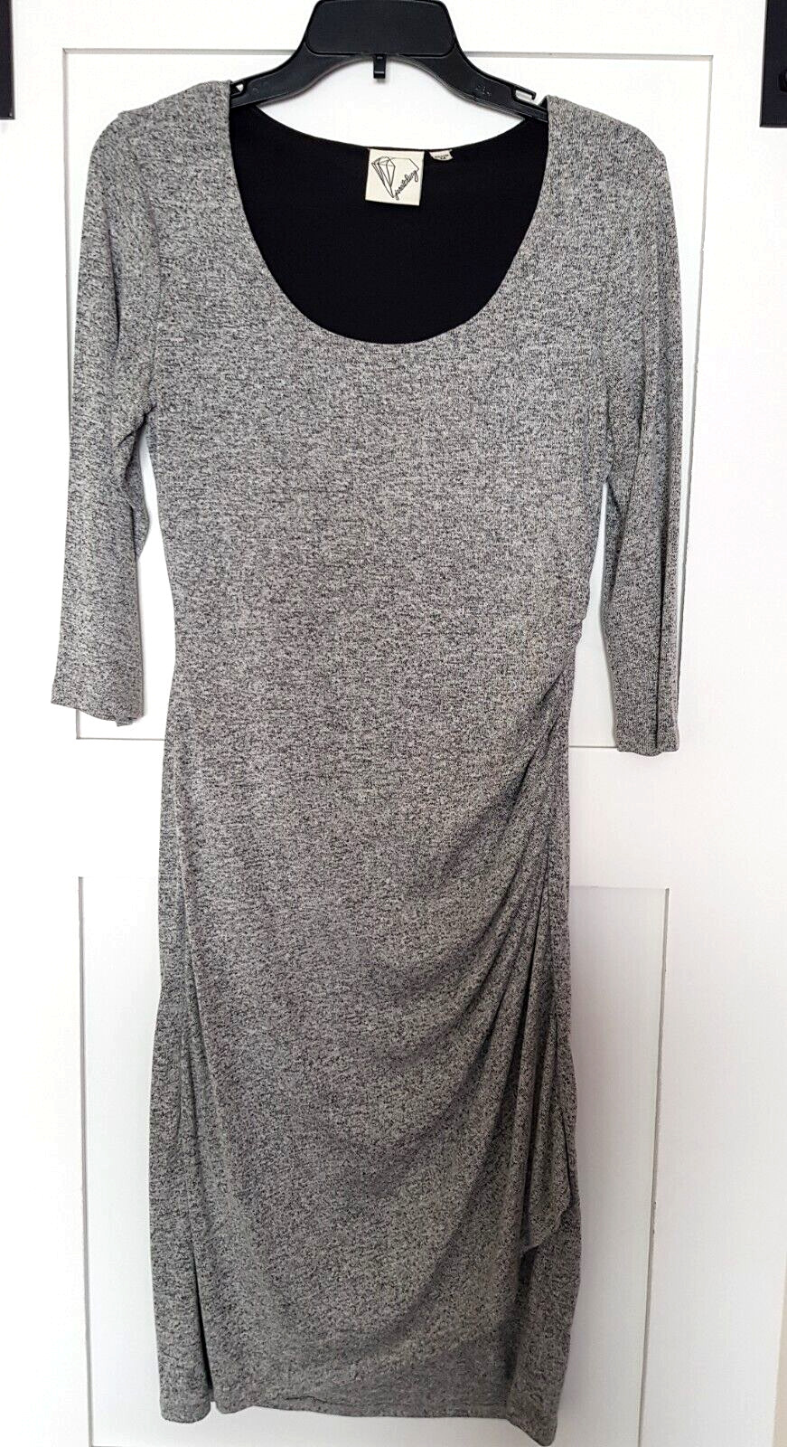 Gray color midi women’s dress with long sleeves. Double layer. Open neck. New